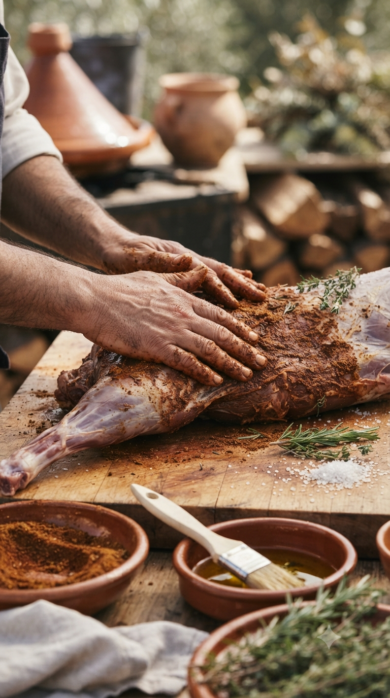Mains badigeonnant un agneau entier d'un mélange d'épices avant la cuisson lente