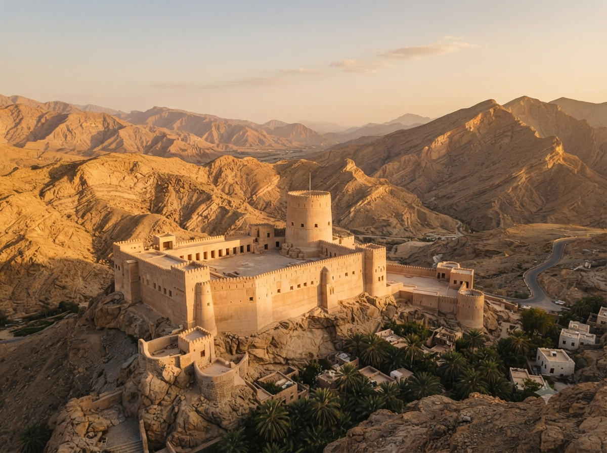 Fort historique omanais entouré de montagnes arides