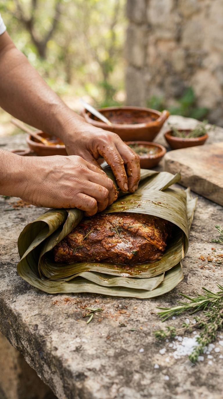 Mains enveloppant de la viande marinée dans des feuilles de bananier superposées