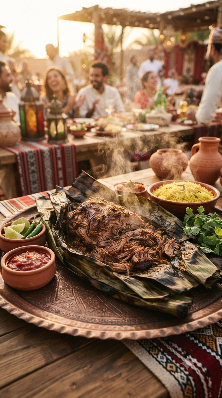 Shuwa fondant, viande effilochée et fumante sortant de ses feuilles de bananier sur un plateau en cuivre