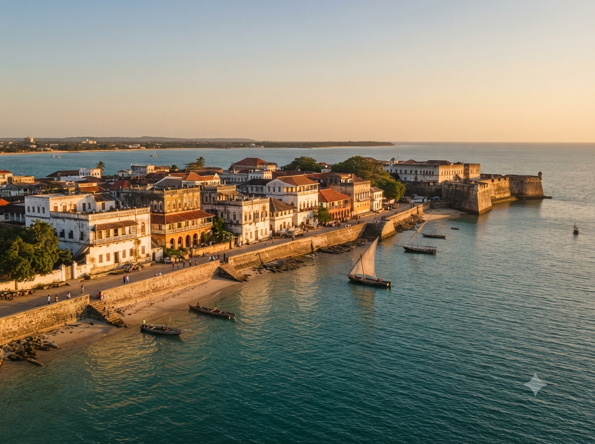Côte de l'île de Mozambique avec architecture coloniale face à l'océan Indien