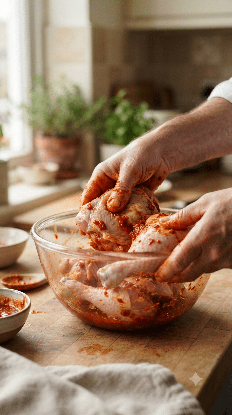 Mains massant des morceaux de poulet avec une sauce piri-piri rouge vif dans un saladier en verre