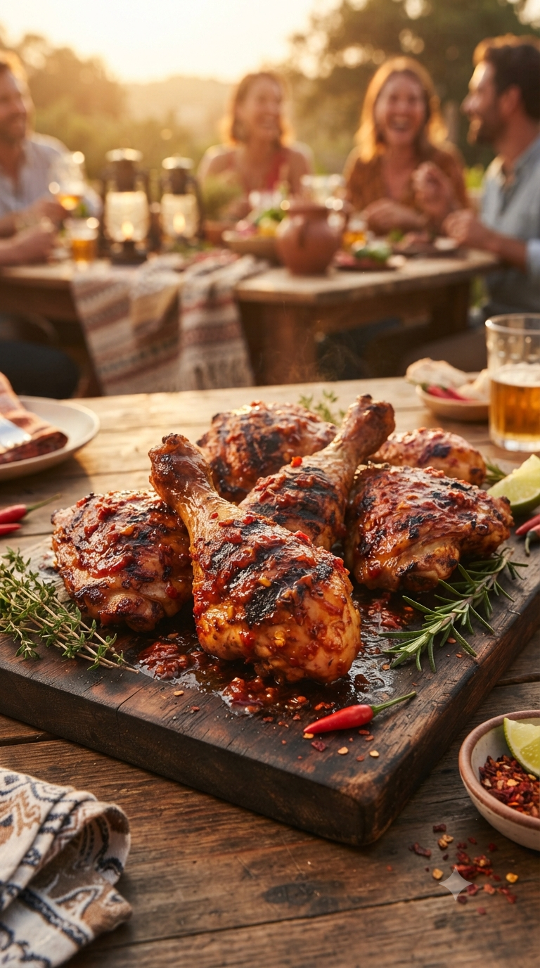 Morceaux de poulet piri-piri grillés et bien dorés, peau marquée par le feu et enrobée de sauce rouge épicée
