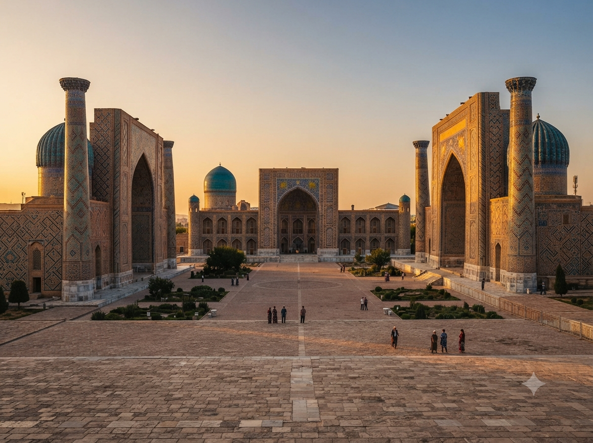 Place du Registan à Samarcande avec architecture ancienne et mosaïques bleues