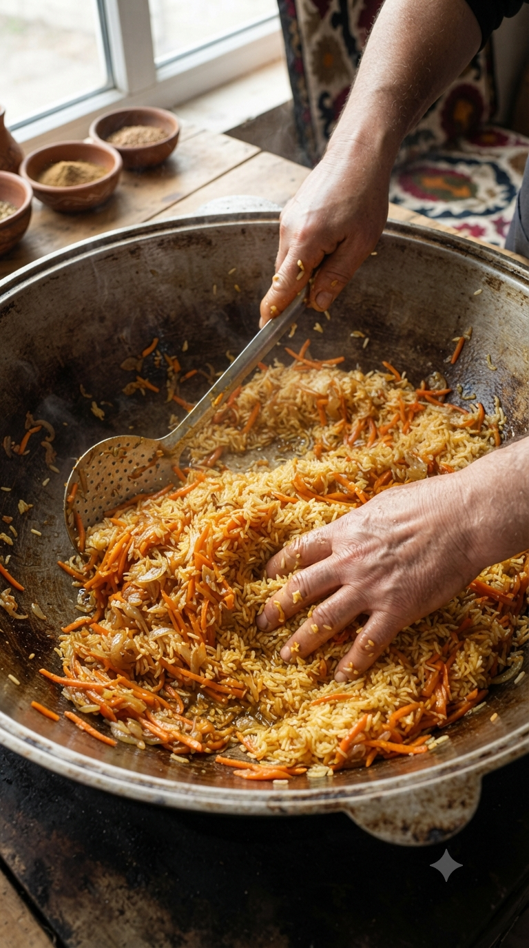 Mains mélangeant des carottes émincées et du riz dans un immense kazan en fonte traditionnel