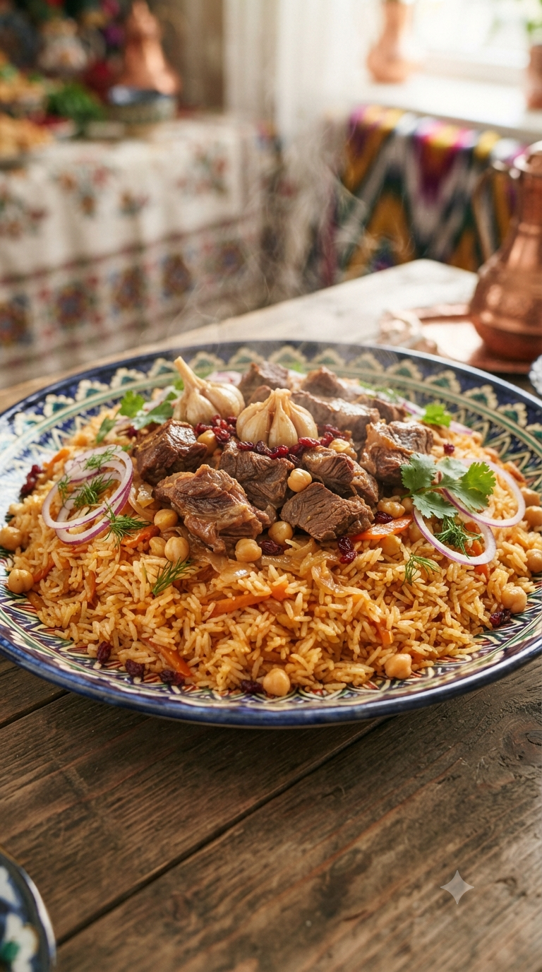 Plat en céramique traditionnelle rempli de plov ouzbek fumant, riz teinté par les carottes avec morceaux de viande