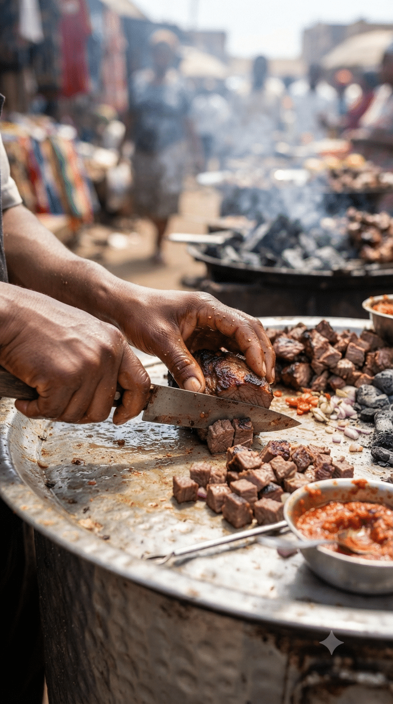 Mains découpant de la viande de bœuf grillée en petits morceaux sur un étal de marché en métal