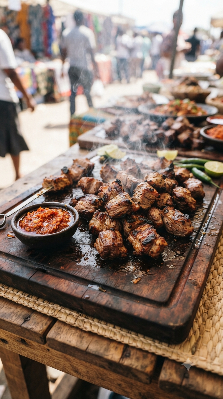 Morceaux de kapana grillés et bien dorés, découpés en petits morceaux, sauce épicée servie à côté