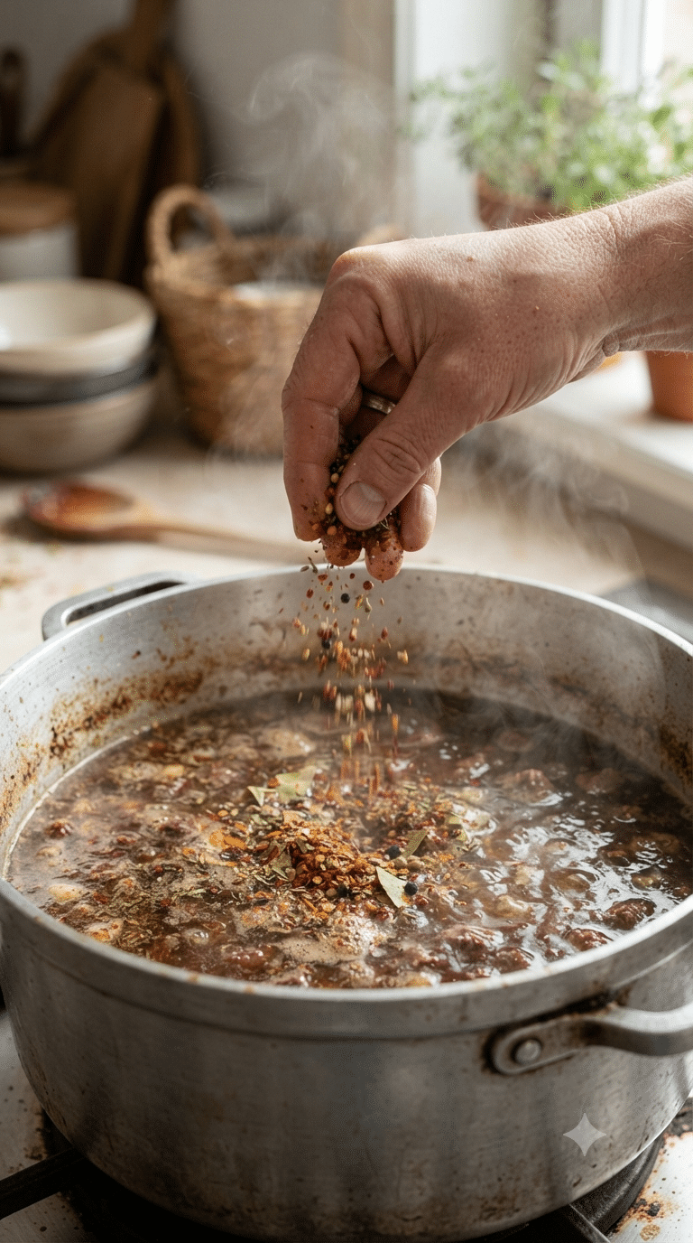 Main ajoutant un mélange d'épices à un bouillon de viande mijotant longuement dans une marmite