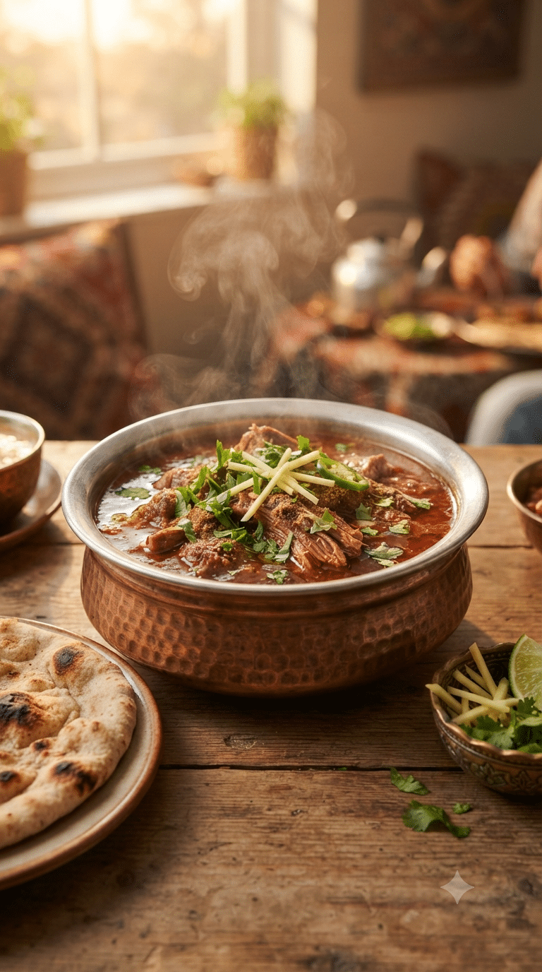 Bol en cuivre rempli de nihari fumant, viande très tendre baignant dans un bouillon épicé brun rougeâtre