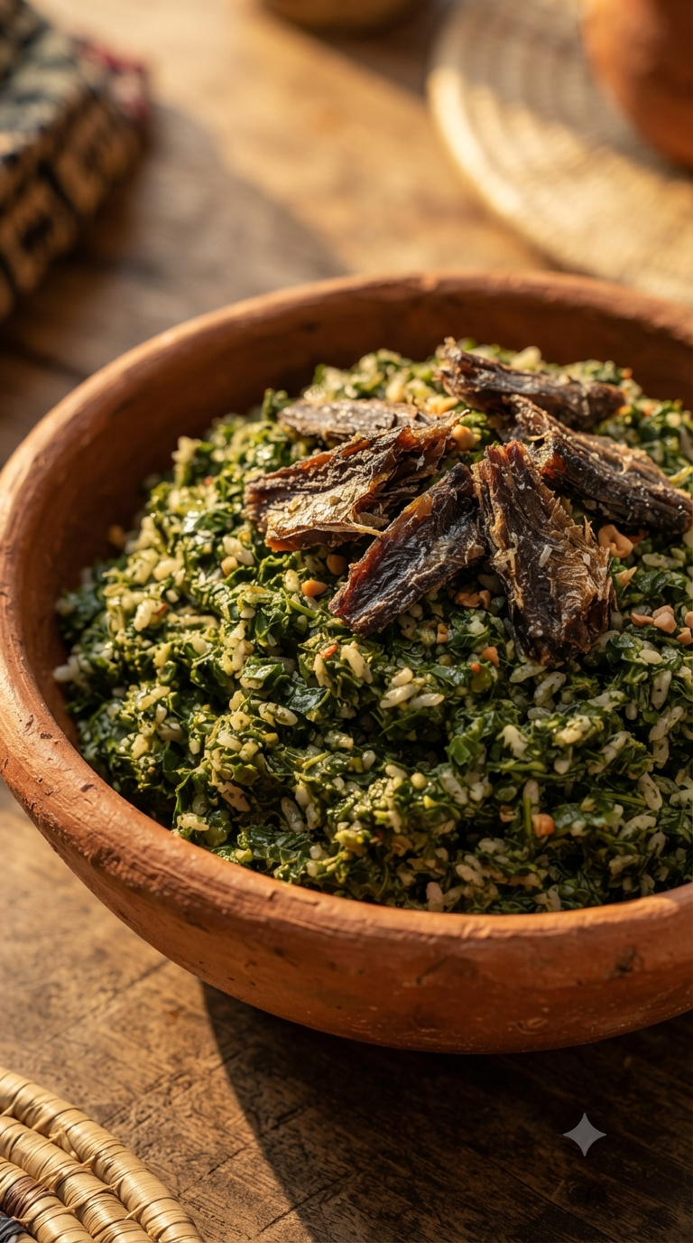 Bol de dambou vert, feuilles pilées mélangées à du riz, morceaux de poisson séché disposés par-dessus
