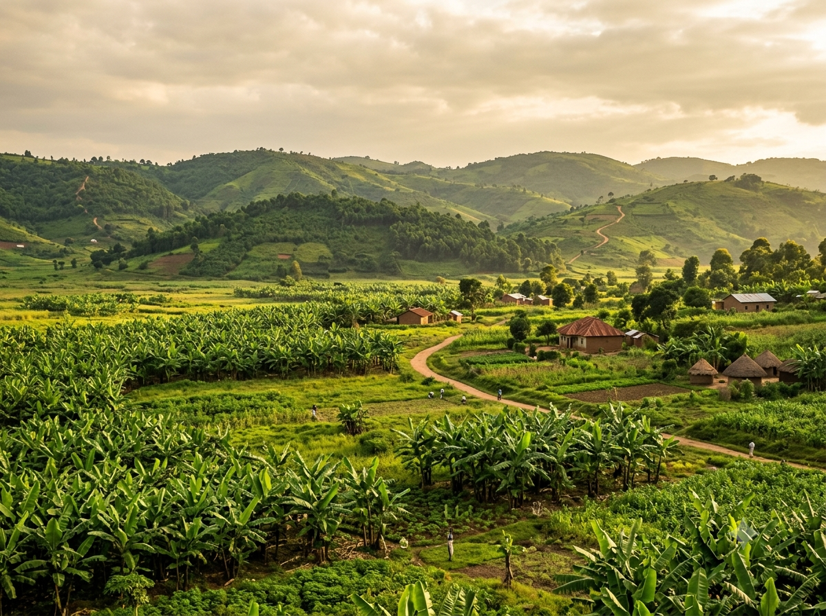Bananeraies verdoyantes en Ouganda avec collines douces en arrière-plan