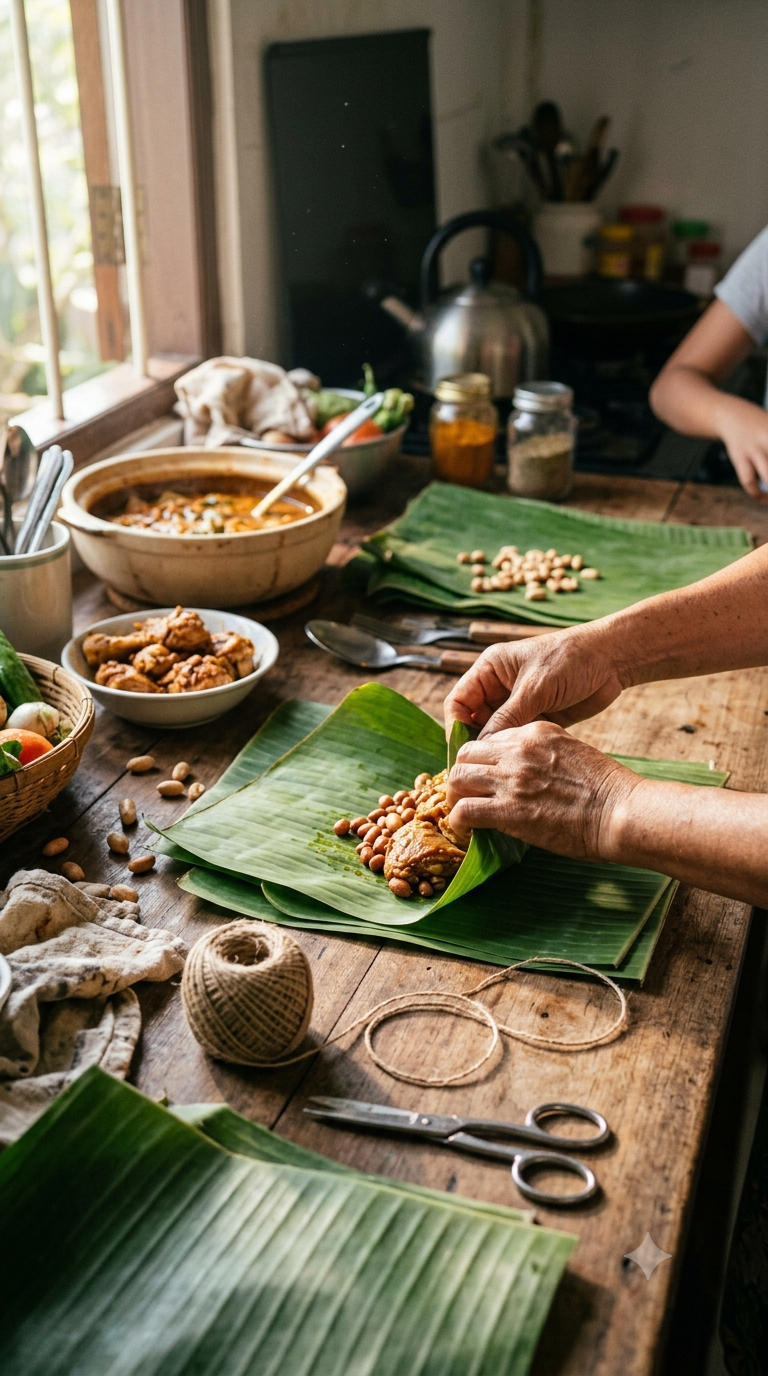 Mains enveloppant du poulet et des arachides dans des feuilles de bananier superposées