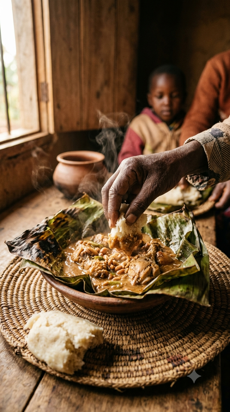 Main plongeant un morceau de pain dans un luwombo fumant servi sur feuilles de bananier ouvertes, poulet et arachides