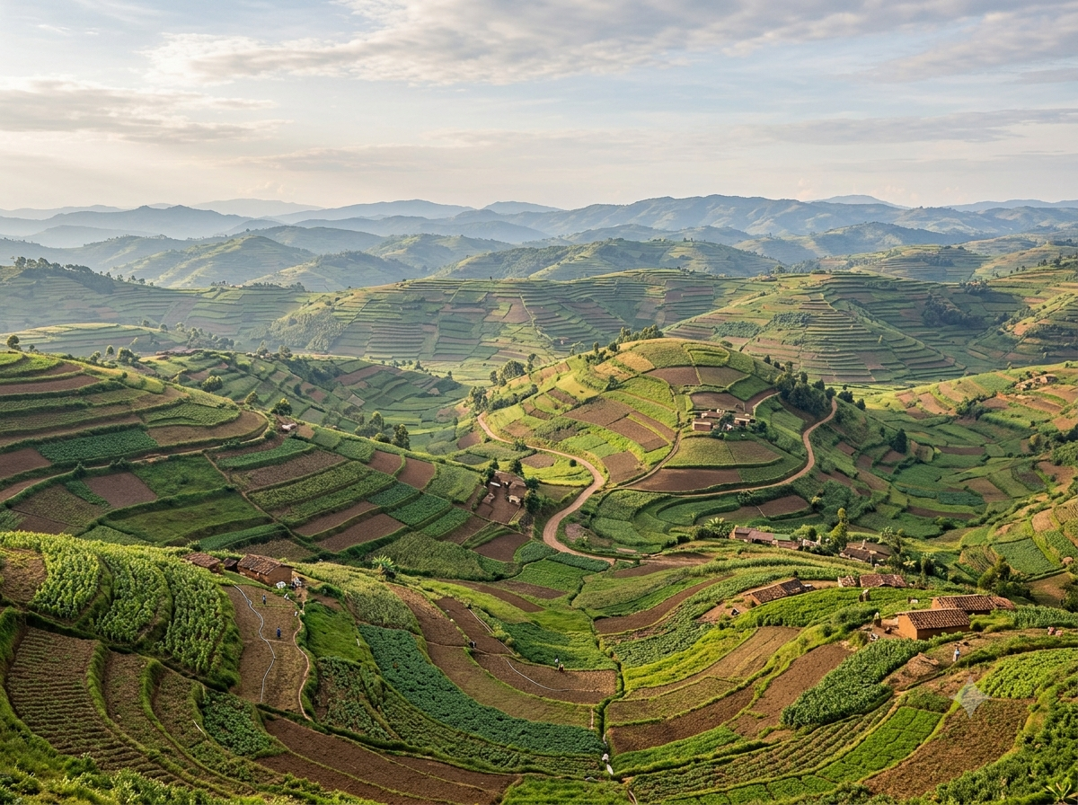 Mille collines du Rwanda avec parcelles cultivées en terrasses à perte de vue