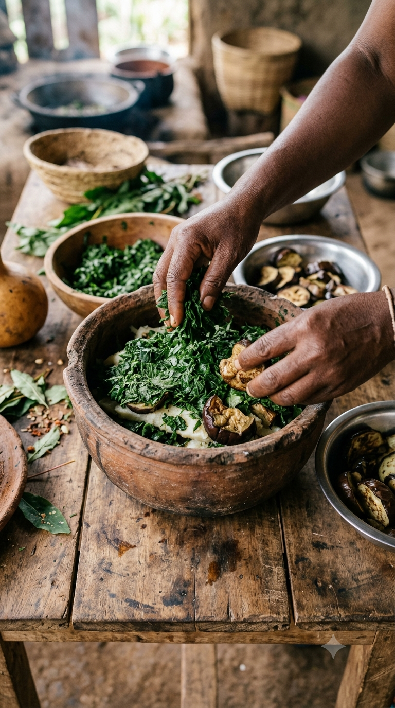 Mains disposant en couches des feuilles de manioc pilées et des morceaux d'aubergine dans une marmite en terre cuite