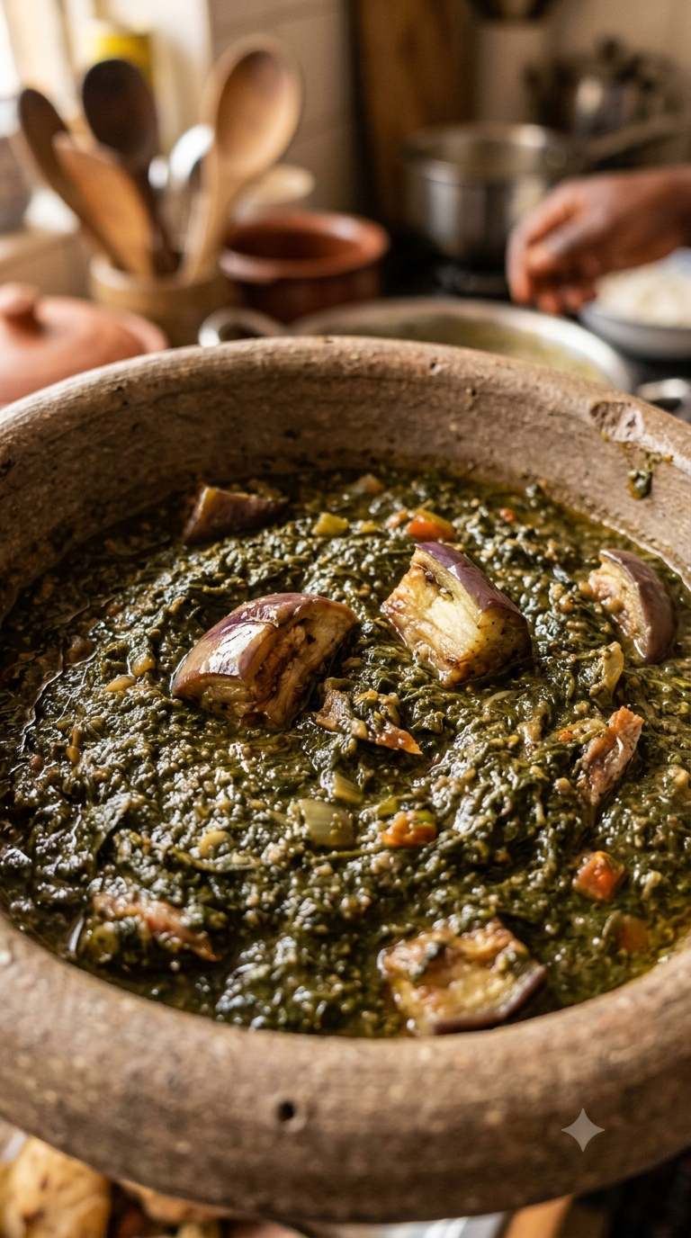 Gros plan sur la texture de l'isombe, feuilles de manioc pilées et onctueuses dans un bol en grès brut