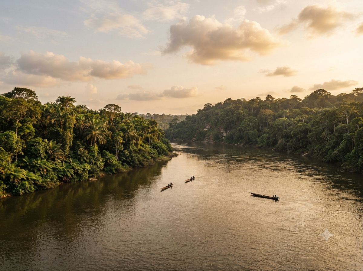 Rivière Oubangui bordée de forêt équatoriale dense