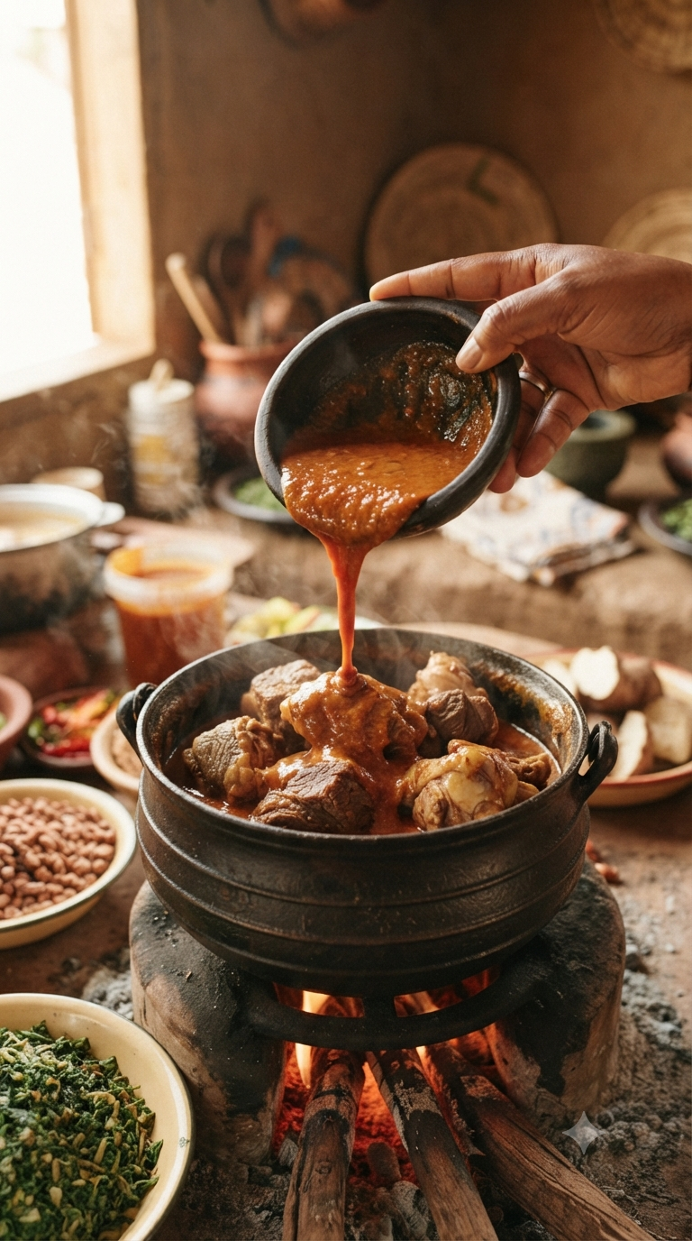 Main versant une sauce arachide épaisse et orangée sur de la viande mijotant dans une marmite