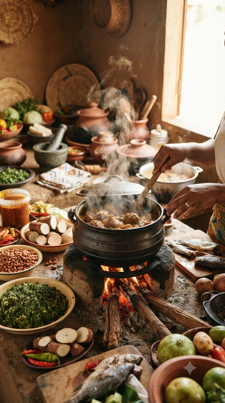 Calebasse évidée remplie de kanda ti nyama, sauce arachide épaisse et orangée enrobant des morceaux de viande