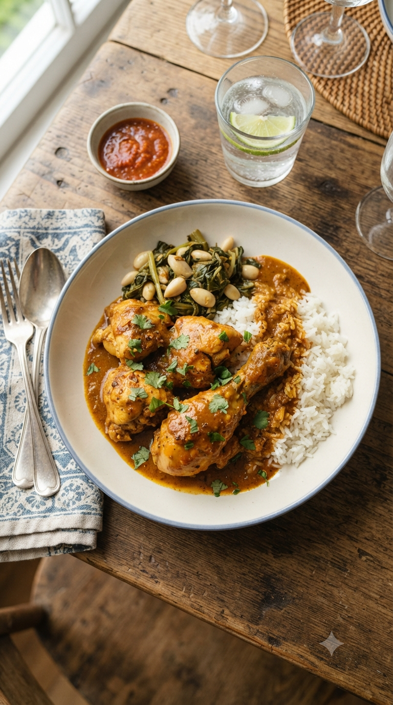 Poulet à la moambe tenu à la main dans un panier tressé, sauce orangée à la noix de palme