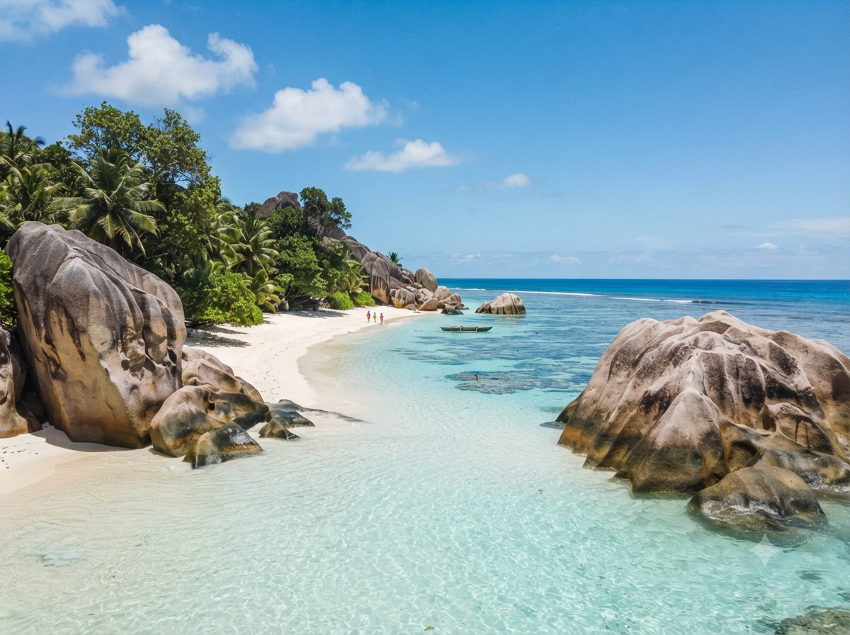 Plage de granit rose aux Seychelles avec eaux turquoise