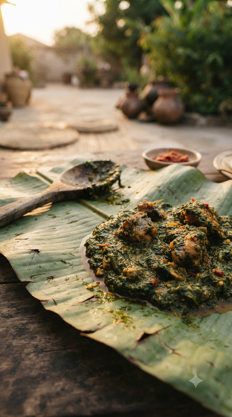 Plasas vert et onctueux dans une marmite en fonte présentée telle quelle, scène de cuisine élargie