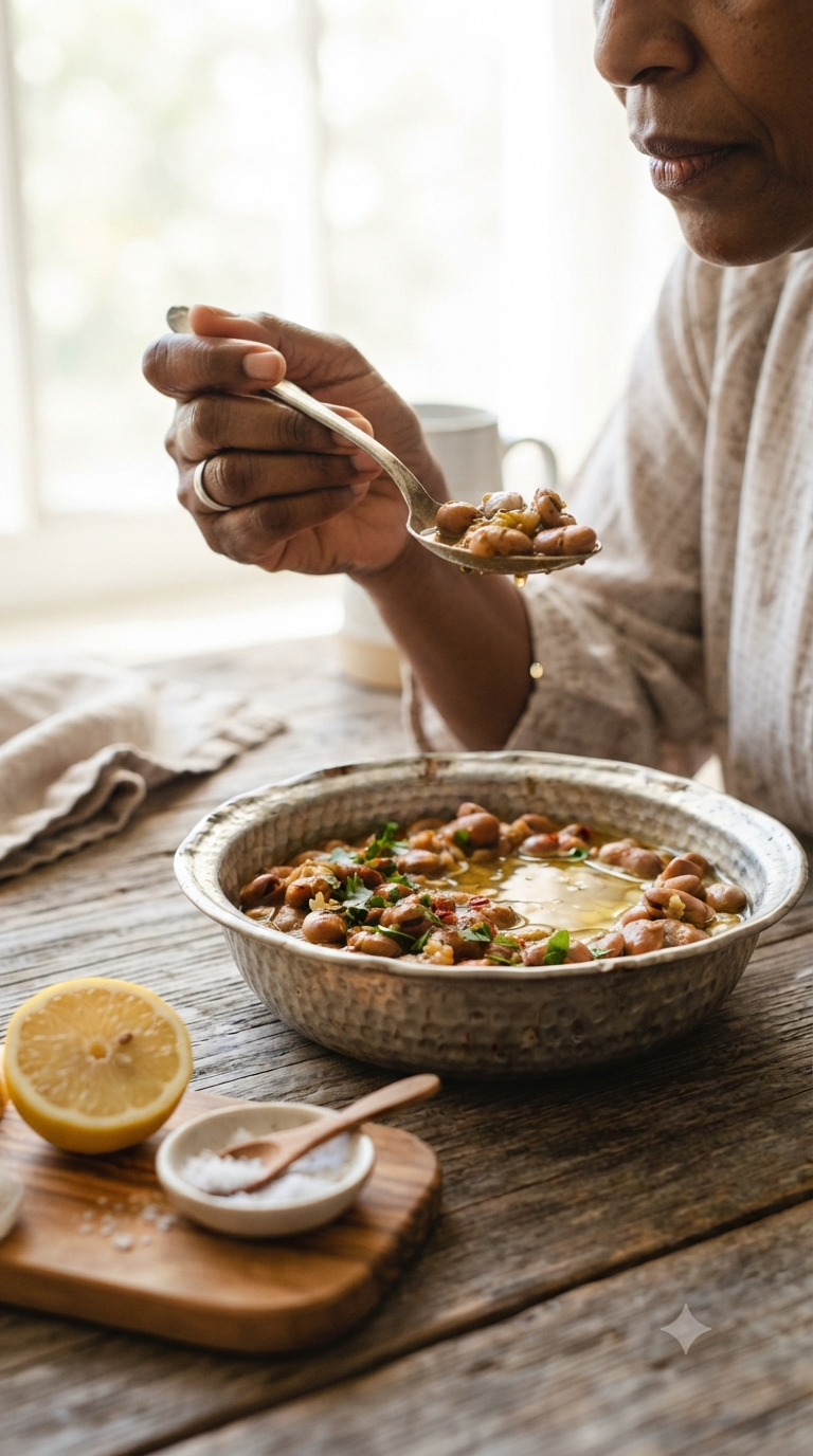 Main goûtant du ful medames à la cuillère pour ajuster le sel et le citron