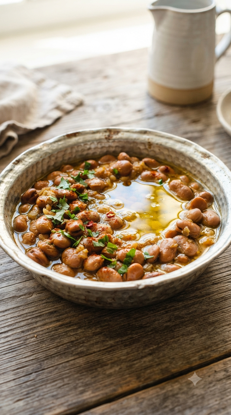Bol en étain martelé rempli de ful medames, reflet brillant de l'huile d'olive à la surface