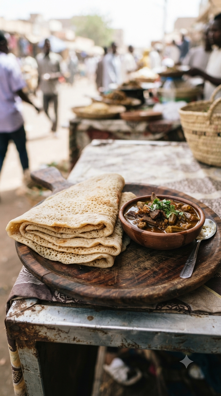 Portion partagée de kisra fine et mullah, plusieurs assiettes disposées côte à côte