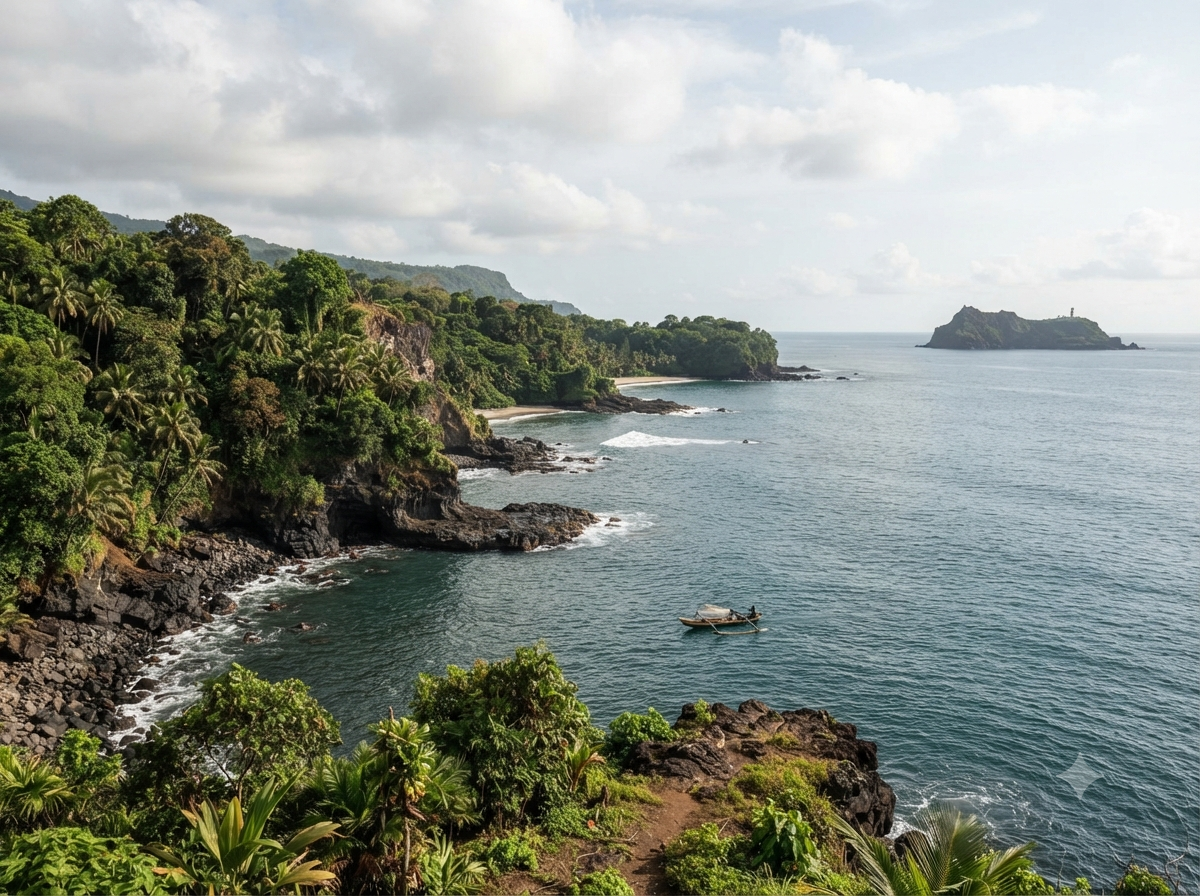 Côte volcanique verdoyante de São Tomé avec plantations de cacao