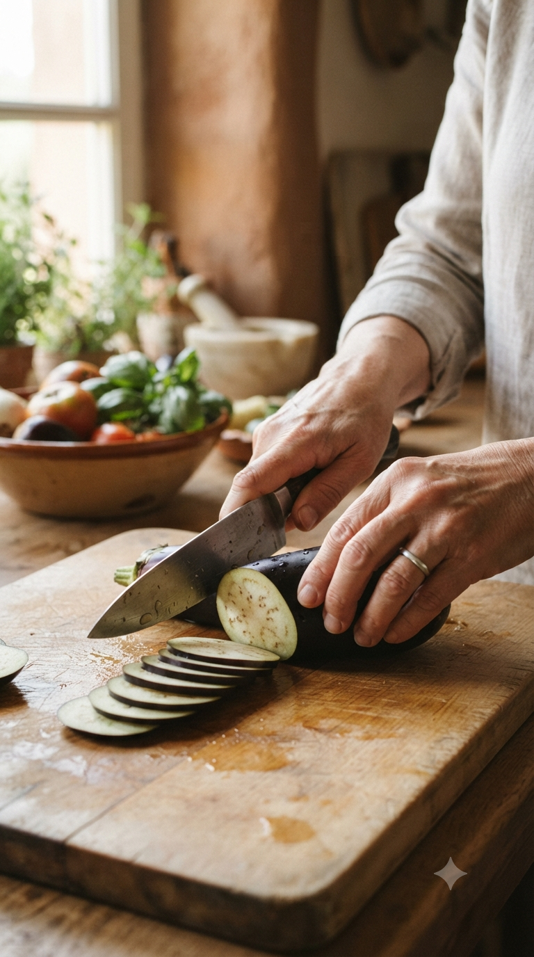 Mains assemblant en couches poisson, aubergines et légumes verts dans un poêlon