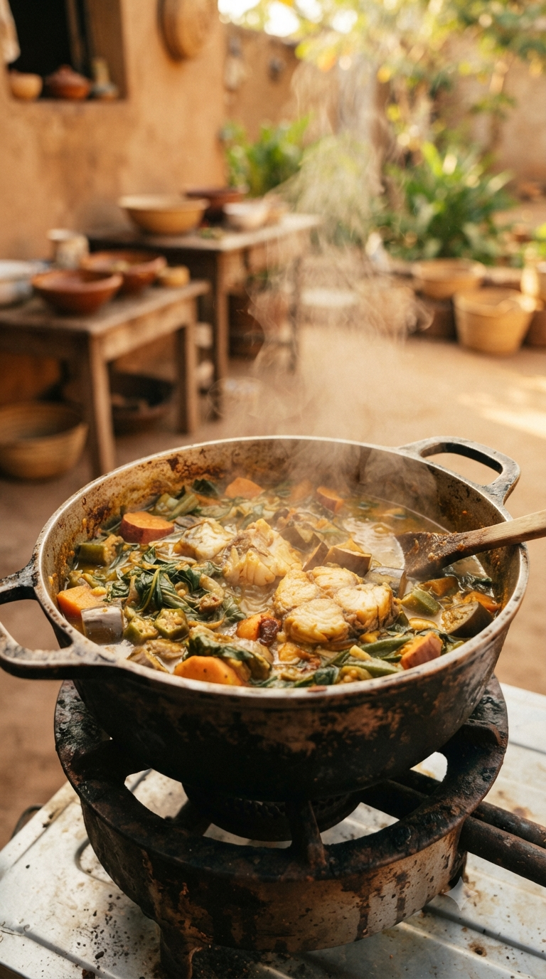 Calulu capturé en cours de cuisson dans un poêlon en fonte, poisson et légumes verts mijotant
