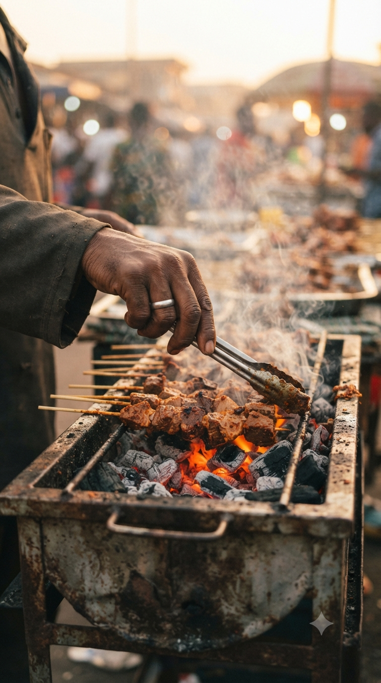 Mains retournant des brochettes de mishkaki sur un grill au-dessus de braises