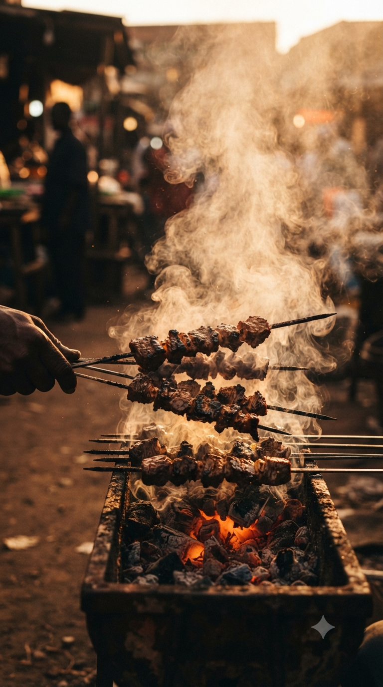 Brochettes de mishkaki grillées, contre-jour et vapeur rétroéclairée par les braises
