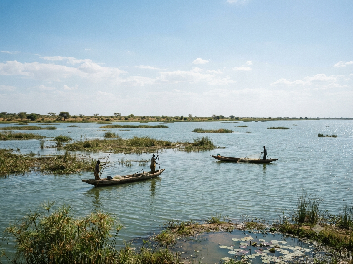 Lac Tchad avec pirogues traditionnelles et végétation de savane