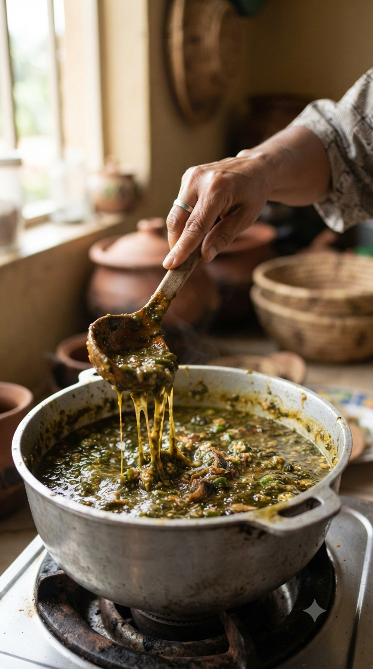 Main servant et dressant la sauce gombo visqueuse sur une assiette