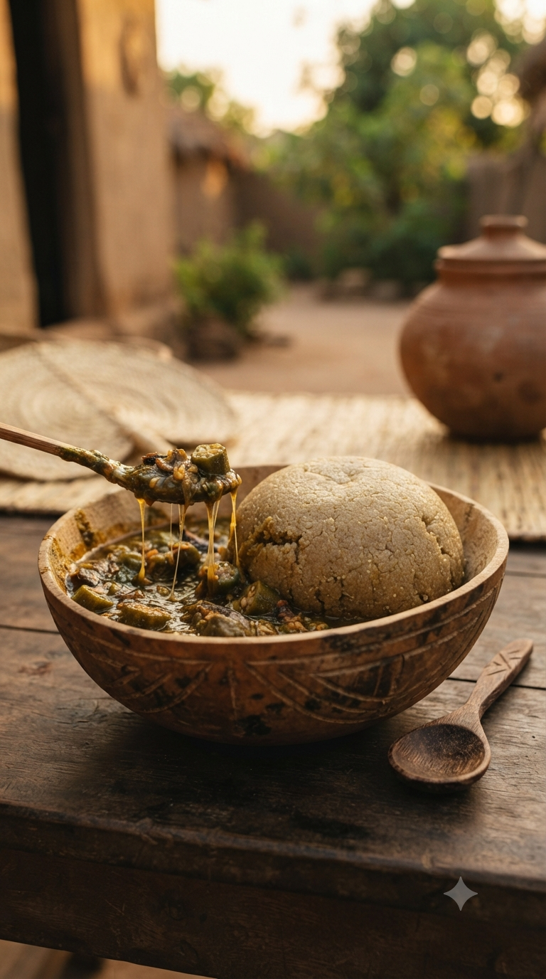 Gros plan texture sur une boule de mil ferme dans un bol en terre cuite, sauce gombo à côté