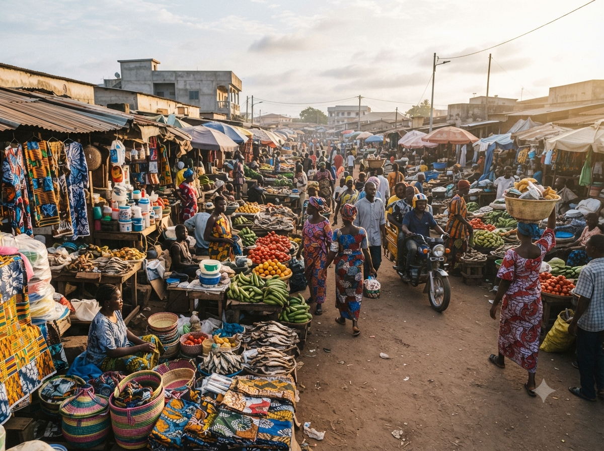 Marché coloré de Lomé au Togo avec étals animés