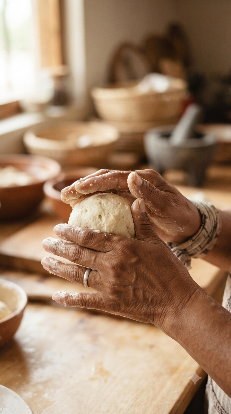 Mains façonnant des petites boules de pâte de maïs fermentée avant la cuisson vapeur