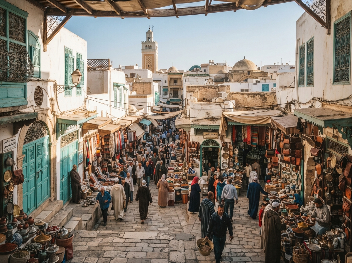 Médina de Tunis avec ruelles animées et architecture traditionnelle