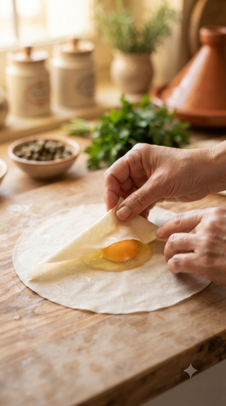 Mains pliant une feuille de malsouka en triangle autour d'un œuf entier