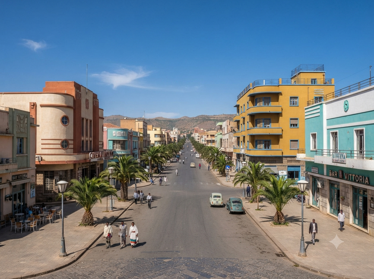 Architecture Art déco d'Asmara avec bâtiments colorés et rues larges