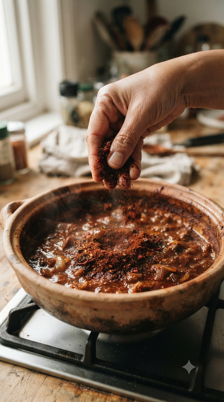 Main incorporant un mélange d'épices berbéré rouge foncé à une sauce mijotant dans une marmite