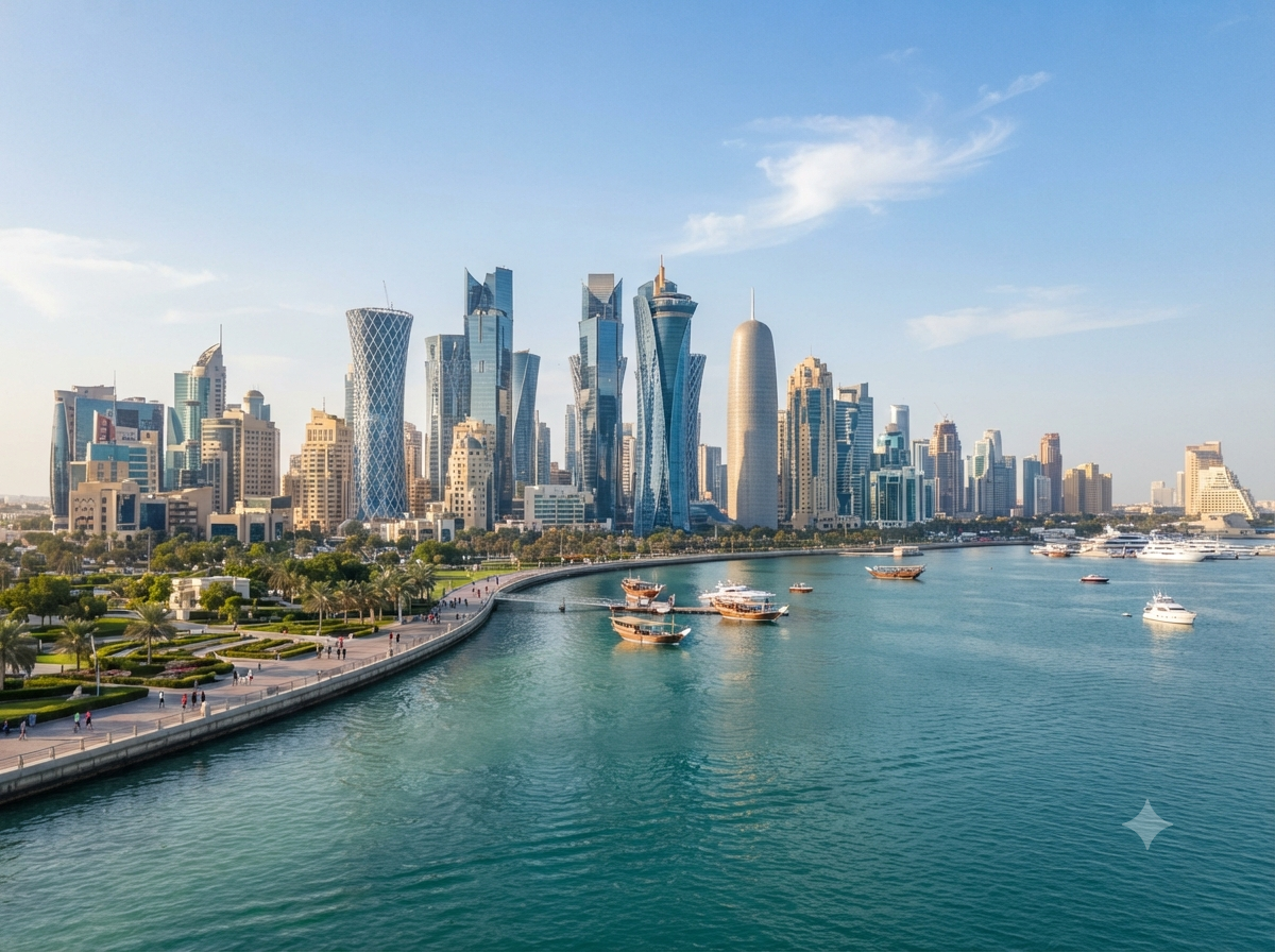 Front de mer de Doha avec gratte-ciels modernes face au golfe Persique