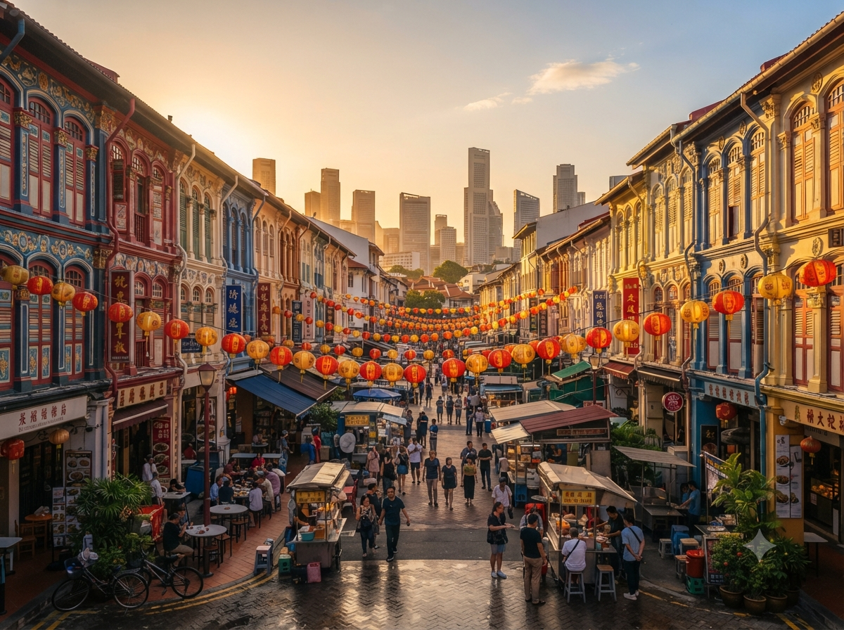 Quartier de Chinatown à Singapour avec façades colorées et lanternes