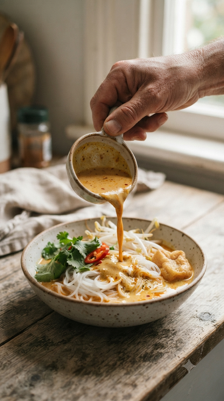 Main versant un bouillon de coco orangé et crémeux sur des nouilles de riz dans un bol