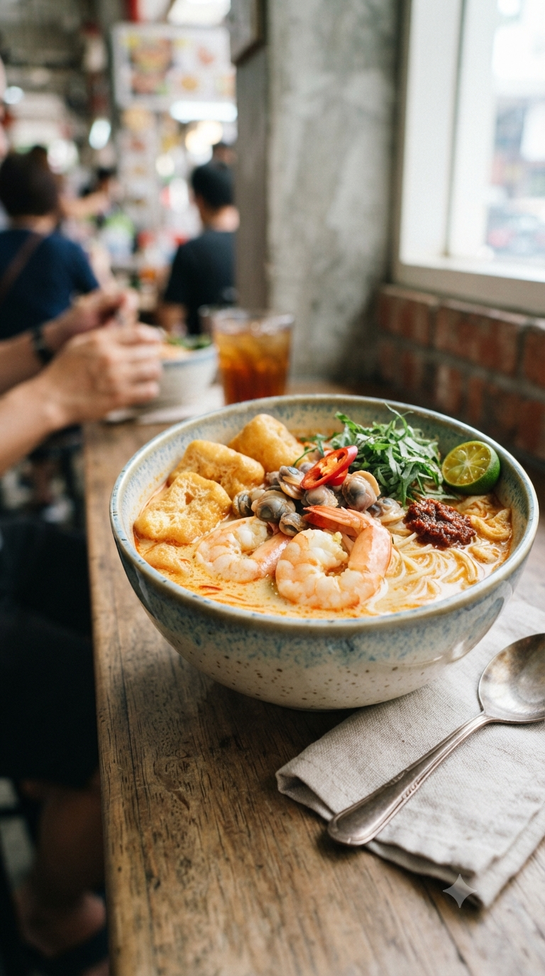 Bol de laksa décalé sur le côté du cadre, bouillon orangé et crémeux avec crevettes et tofu frit