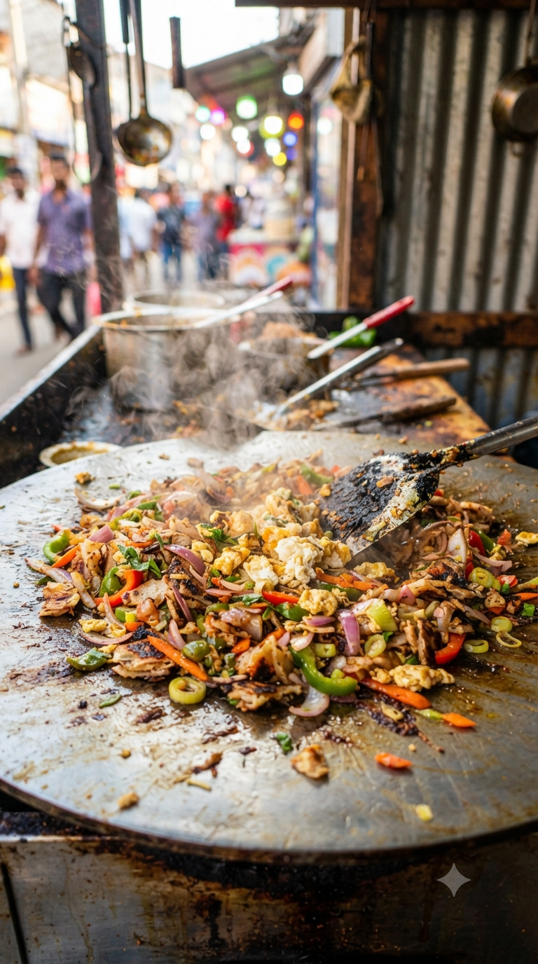 Kottu roti fumant directement sur sa plancha en métal, morceaux de roti émincés avec légumes et œuf