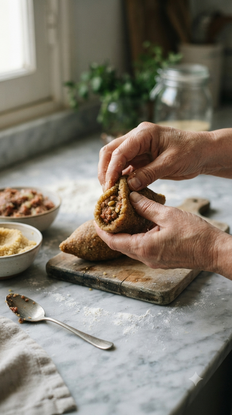 Mains façonnant une coque de boulgour en forme de torpille autour d'une farce à la viande
